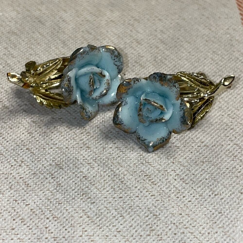 Signed Vintage Enamel Coro Blue and Gold Clip On Earrings
